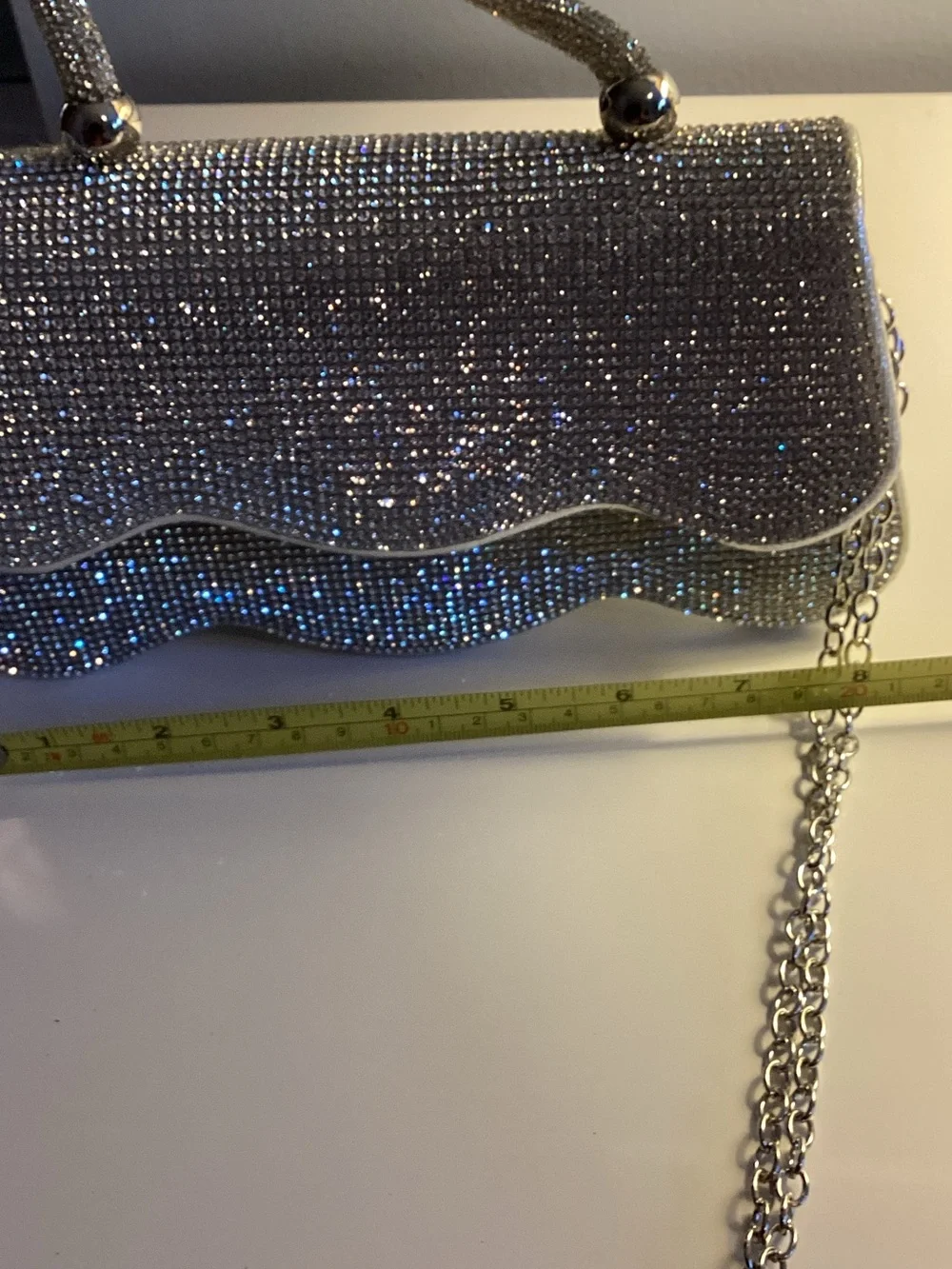Silver Crystal Scallop-Edge Evening Clutch with Top Handle